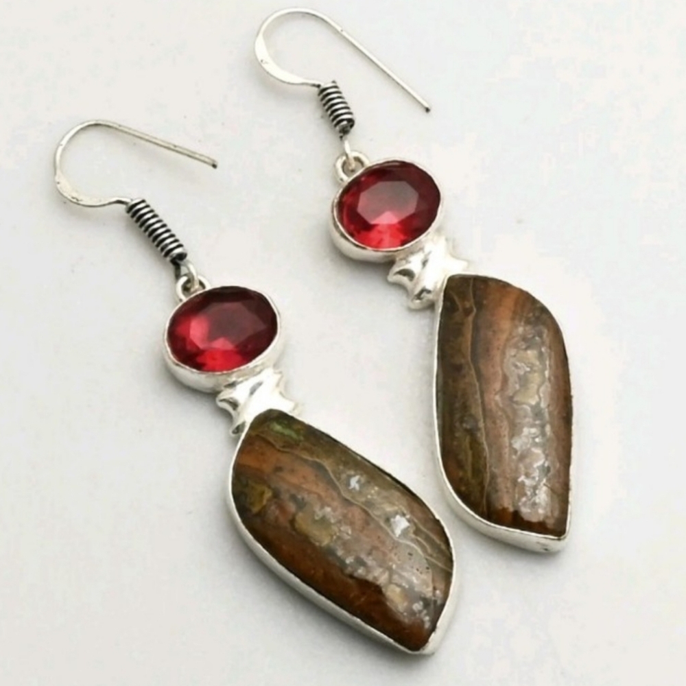 Moroccan Seam Agate, Garnet Gemstone 925 Sterling Silver Drop Dangle Earrings